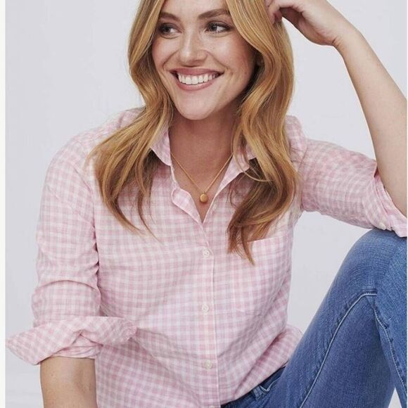 Untuckit Shirt Calina pink white gingham fabric plaid button Down Top NWT - Picture 1 of 5